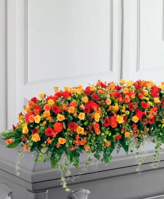 Dessus de cercueil orange et rouge composé sur le couvercle, atelier parisien